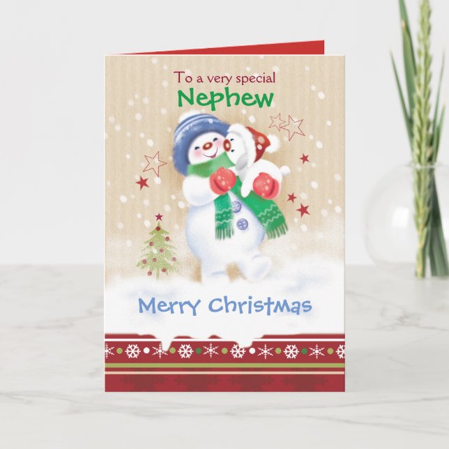 Christmas, Nephew, Snow Child hugs Snow Pup Holiday Card (Front)