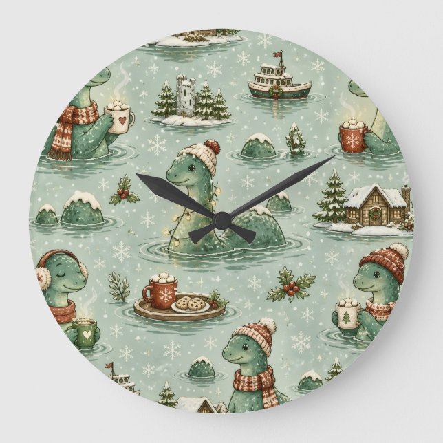 Christmas Nessie Loch Ness Monster Cosy Cryptids  Large Clock (Front)