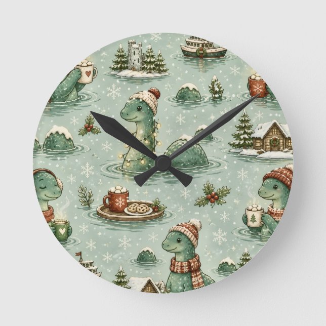 Christmas Nessie Loch Ness Monster Cosy Cryptids  Round Clock (Front)