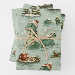 Christmas Nessie Loch Ness Monster Cosy Cryptids  Wrapping Paper Sheet