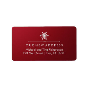 Christmas New Address on Elegant Red and Snowflake Label