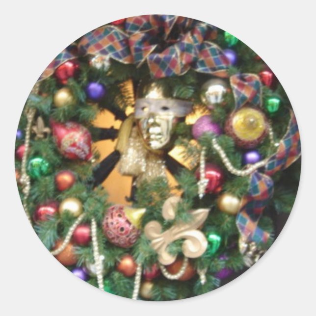 CHRISTMAS NEW ORLEANS WREATH CLASSIC ROUND STICKER (Front)