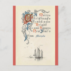 Christmas, New Year, boat, postcard