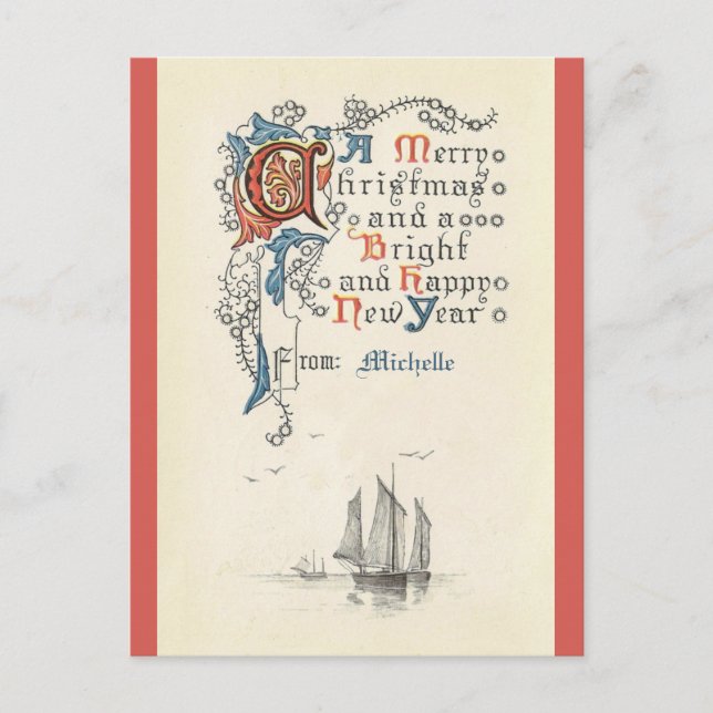 Christmas, New Year, boat, postcard (Front)