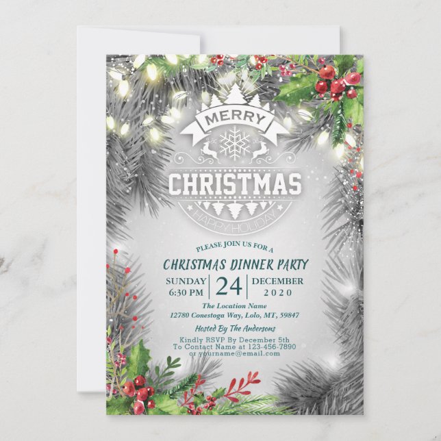 Christmas & New Year Dinner Party Pine Poinsettia Invitation (Front)