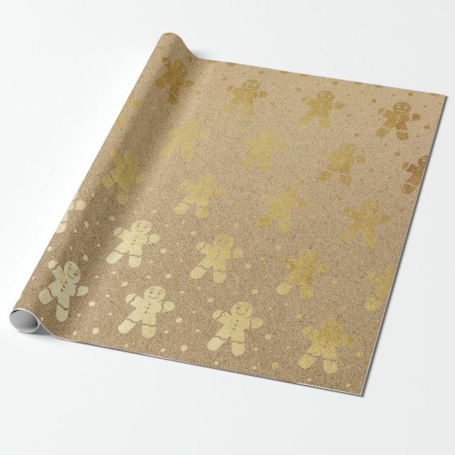 Christmas New Year Gold Gingerbread Man Kraft Wrapping Paper (Unrolled)
