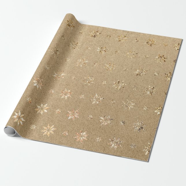 Christmas New Year Golden Glitter Stars Snow Wrapping Paper (Unrolled)