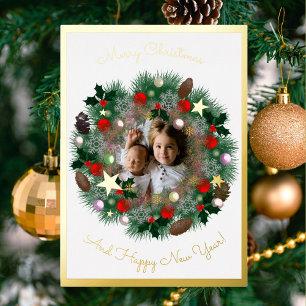 Christmas & New Year greetings, photo in a wreath Foil Holiday Card