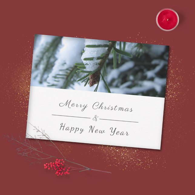 Christmas & New Year Holiday Card - Fir Tree Photo (Christmas & New Year Holiday Card with a Photo of Fir Tree Branch)