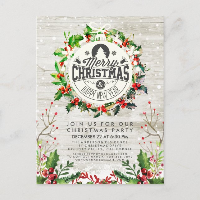 Christmas New Year Holiday Party Holly Wreath Snow Postcard (Front)