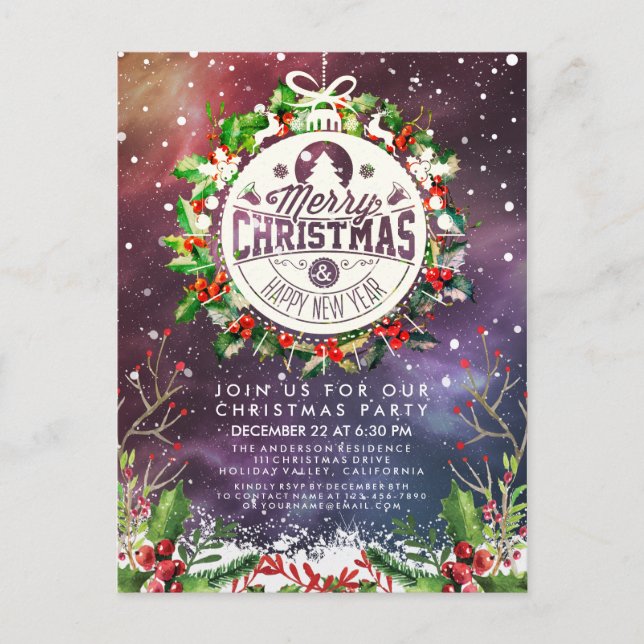 Christmas New Year Holiday Party Holly Wreath Snow Postcard (Front)