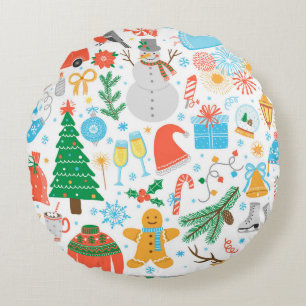 Christmas, New Year icon set. Winter holidays Vint Round Cushion
