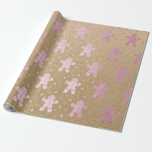Christmas New Year Pink Gold Gingerbread Man Kraft Wrapping Paper