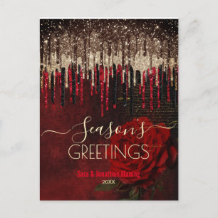 Christmas New Year red flower gold glitter drips Postcard