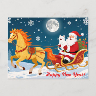 Christmas, New Year, Red Horse, Santa & White Cat Postcard