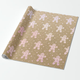Christmas New Year Rose Pink Gingerbread Man Kraft Wrapping Paper