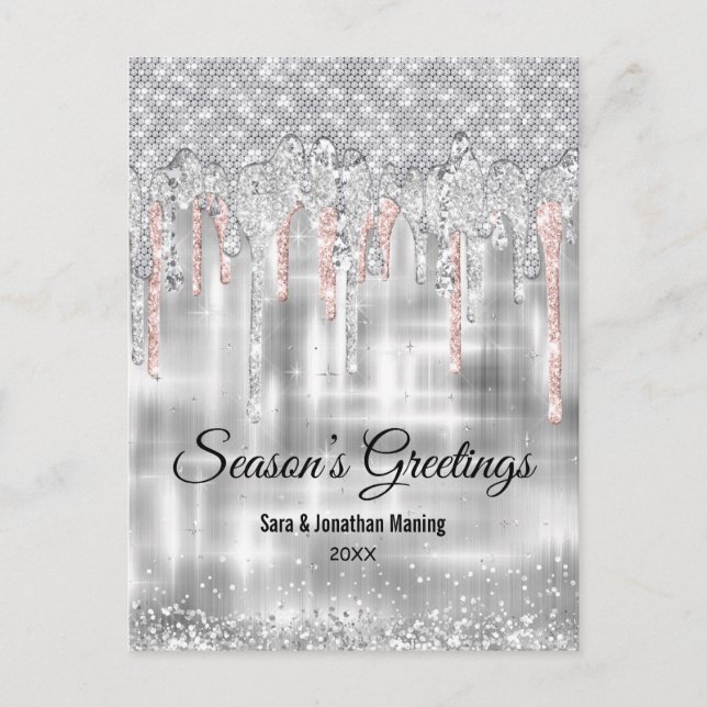 Christmas new year silver rose gold glitter drips postcard (Front)