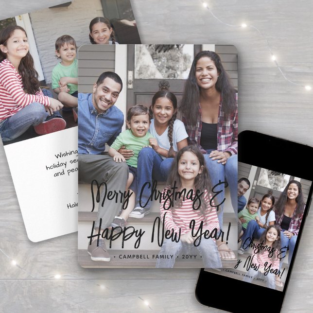 Christmas & New Years Brushed Black Script 2 Photo Holiday Card (Creator Uploaded)