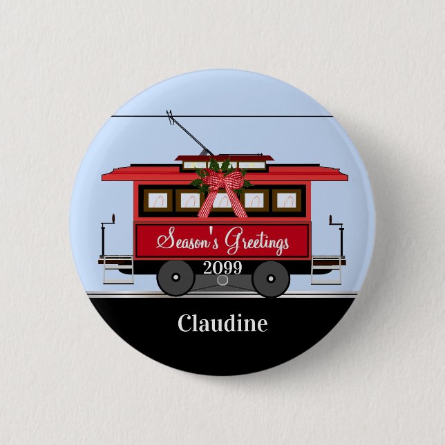 Christmas New Year's Red Tram Trolley Streetcar 6 Cm Round Badge (Front)