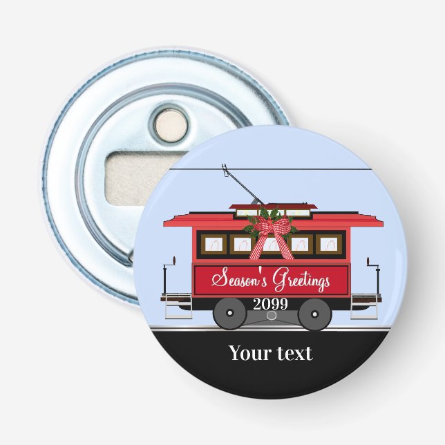 Christmas New Year's Red Tram Trolley Streetcar Bottle Opener (Front)