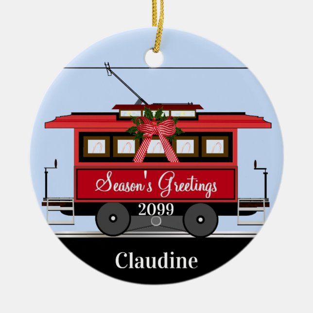 Christmas New Year's Red Tram Trolley Streetcar Ceramic Tree Decoration (Front)