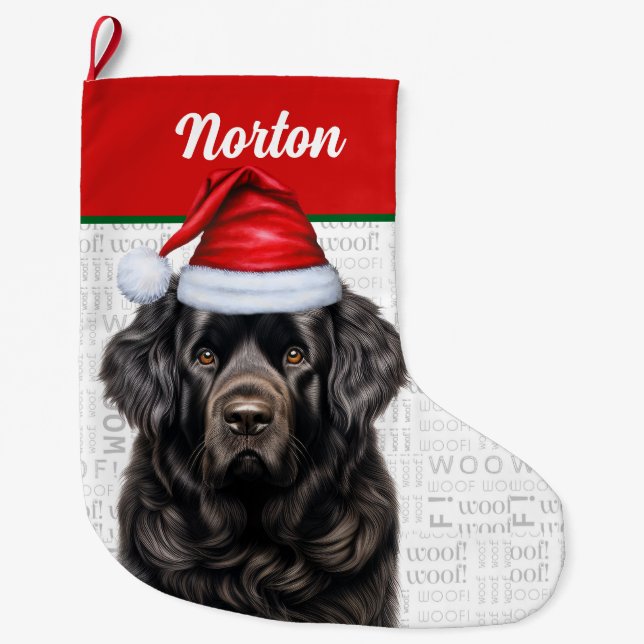 Christmas Newfoundland Name Woof Background Large Christmas Stocking (Front)