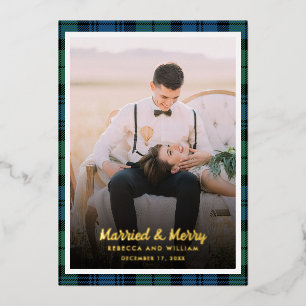 Christmas Newlywed Photo Clan Campbell Tartan Gold Foil Holiday Card