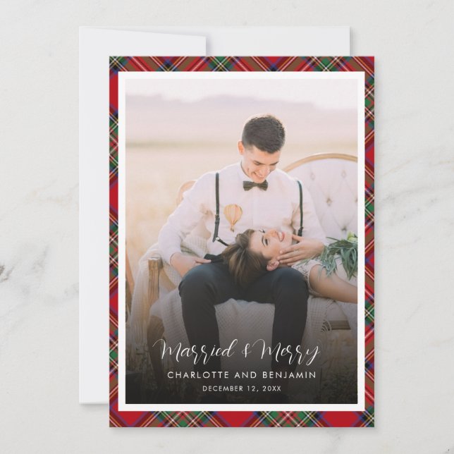 Christmas Newlywed Photo Married and Merry Tartan Holiday Card (Front)