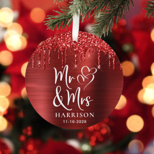 Christmas Newlywed Red Glitter Photo Metal Tree Decoration
