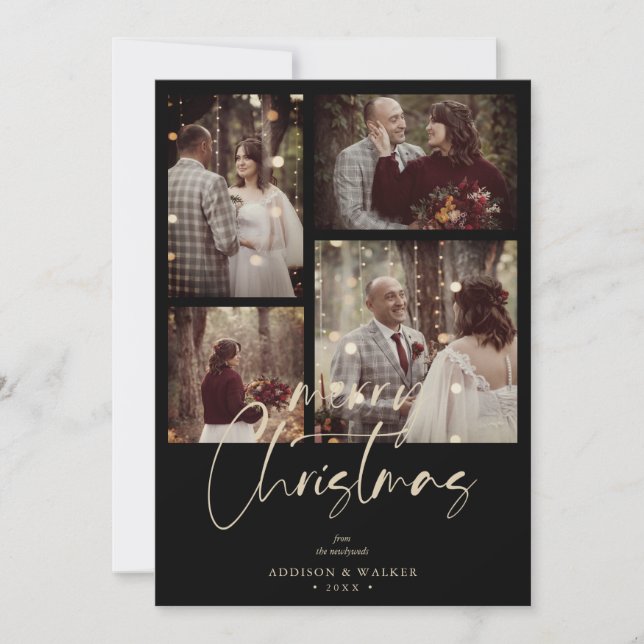 Christmas Newlyweds Black Trendy Collage 4 Photos Holiday Card (Front)