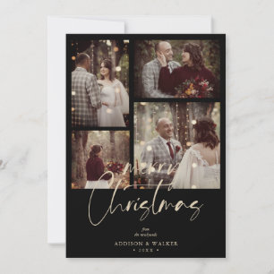 Christmas Newlyweds Black Trendy Collage 4 Photos Holiday Card