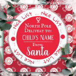 Christmas Nice List North Pole Custom Name Square Sticker<br><div class="desc">Peppermint candy background pattern. Nice list border with North Pole Delivery to custom kids name. Fun stickers to add to kids gifts!</div>