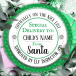 Christmas Nice List Official Custom Name Classic Round Sticker<br><div class="desc">Santa's Workshop Elf Inspector # any number and custom kids name. Fun stickers to add to kids gifts!</div>
