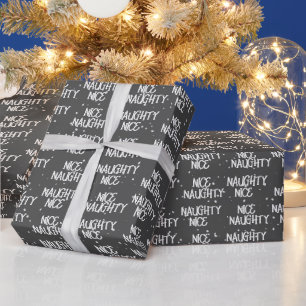 Christmas NICE NAUGHTY Text On Grey Wrapping Paper