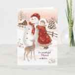 Christmas, Niece, Deer, Girl and Snowman Holiday Card<br><div class="desc">On this vintage style Christmas card for Niece, I have painted a sweet little girl tying a red scarf around the neck of a large snowman. A cute baby deer looks on. The girl is wearing a long dress under a heavy red coat with a white fur effect trimming on...</div>