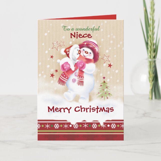 Christmas, Niece, Snow Child hugs Snow Pup Holiday Card (Front)