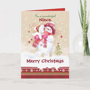 Christmas, Niece, Snow Child Hugs Snow Pup Holiday Card