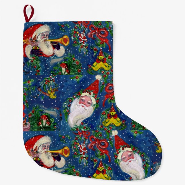 CHRISTMAS NIGHT,HOLLYBERRIES ,SANTA CLAUS BUGLER LARGE CHRISTMAS STOCKING (Front)