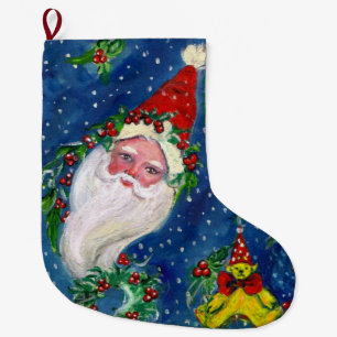 CHRISTMAS NIGHT,HOLLYBERRIES ,SANTA CLAUS IN SNOW LARGE CHRISTMAS STOCKING