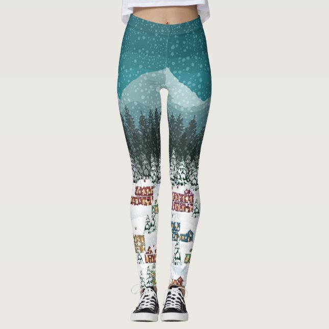 Christmas Night - Mountain City Snowfall Landscape Leggings (Front)