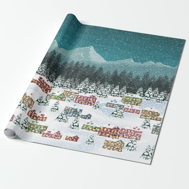 Christmas Night - Mountain City Snowfall Landscape Wrapping Paper (Unrolled)