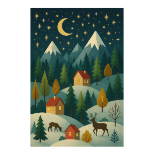 Christmas Night Mountain Village Art Photo Paper Print