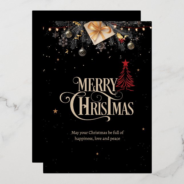 Christmas Night Party Invitation, Black And Gold  Foil Holiday Card (Front/Back)