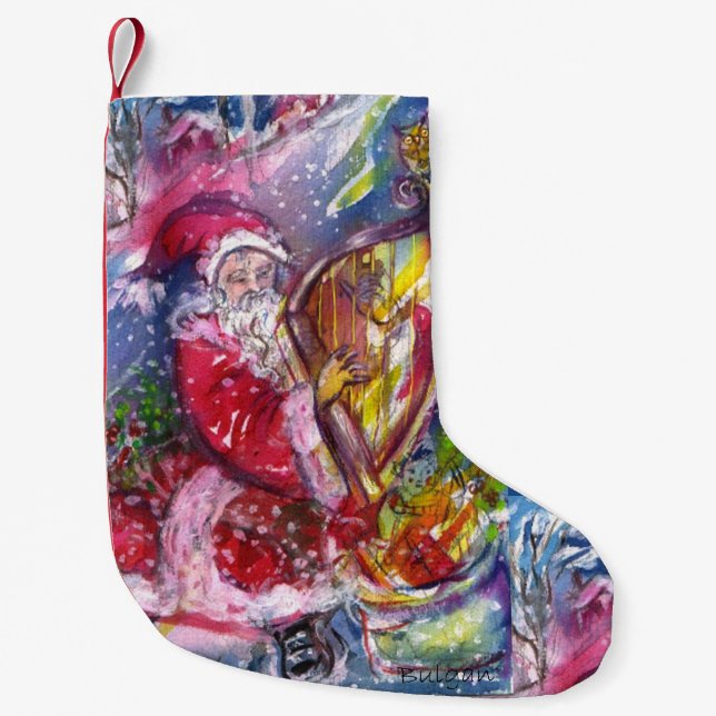 CHRISTMAS NIGHT /SANTA CLAUS PLAYING HARP SMALL CHRISTMAS STOCKING (Front)