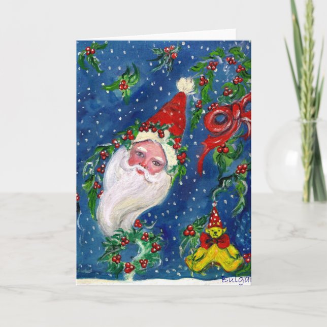 CHRISTMAS NIGHT / SANTA WITH TOYS AND HOLLYBERRIES HOLIDAY CARD (Front)
