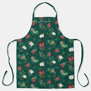 Christmas Noel Floral We Love You Grandma Red Gold Apron