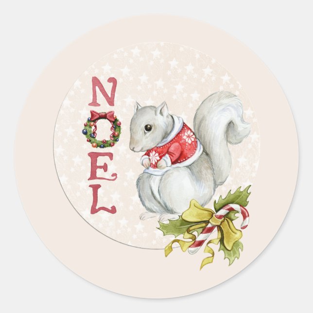 Christmas Noel Watercolour Squirrel Design Classic Round Sticker (Front)