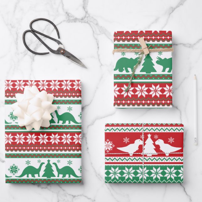 Christmas Nordic Fair Isle Dinosaurs Sweater Wrapping Paper Sheet (Front)