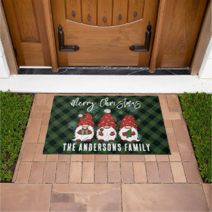 Christmas Nordic Family Gnomes Green Plaid Doormat