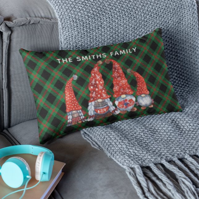 Christmas Nordic Family Gnomes Green Plaid  Lumbar Cushion (Creator Uploaded)